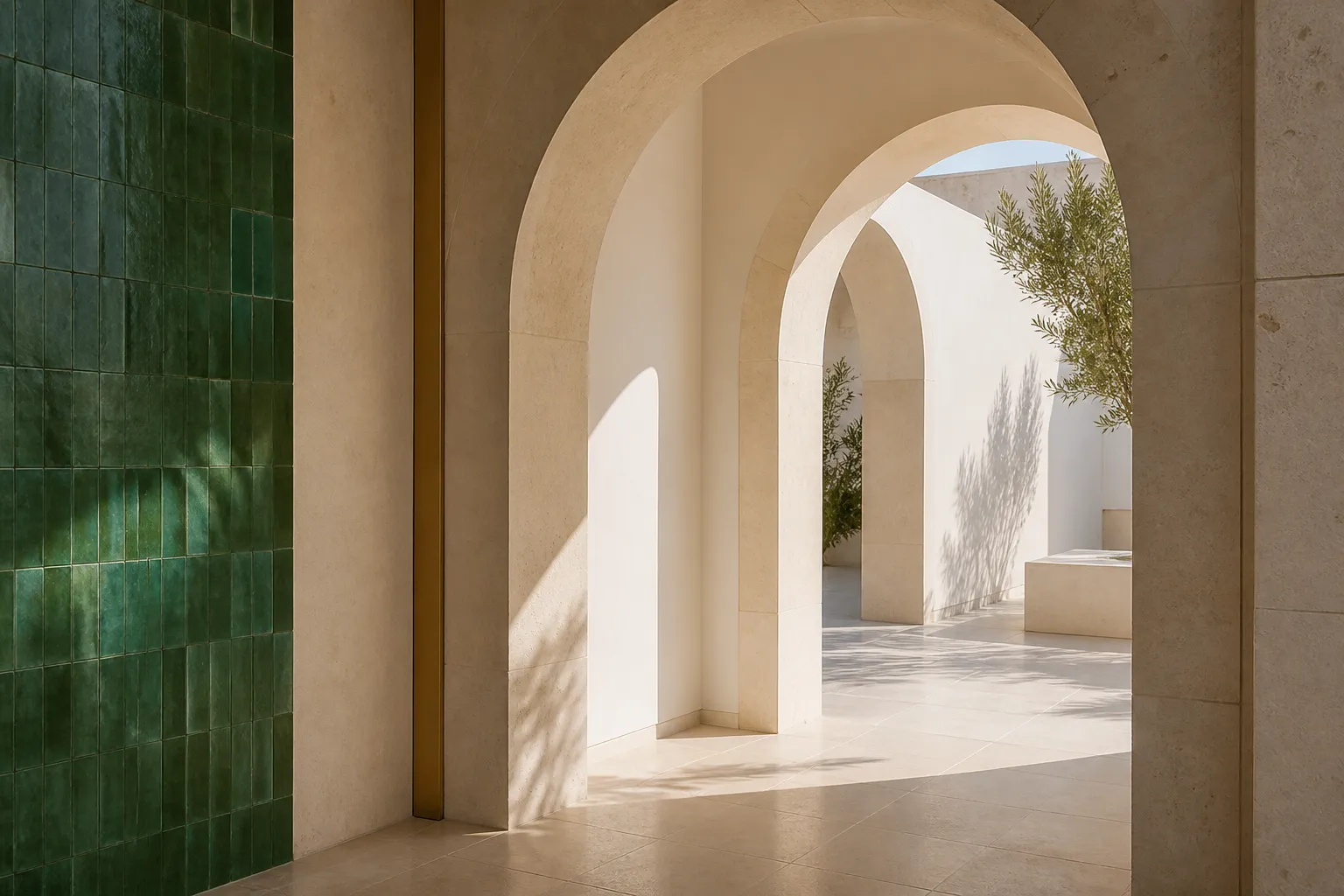 Sunlit limestone arches, a restrained emerald tile wall, and warm architectural shadows.